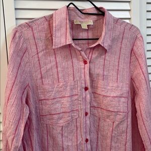 Michael Kors Lightweight Pink Striped Linen Blend Button Down Shirt Size Large